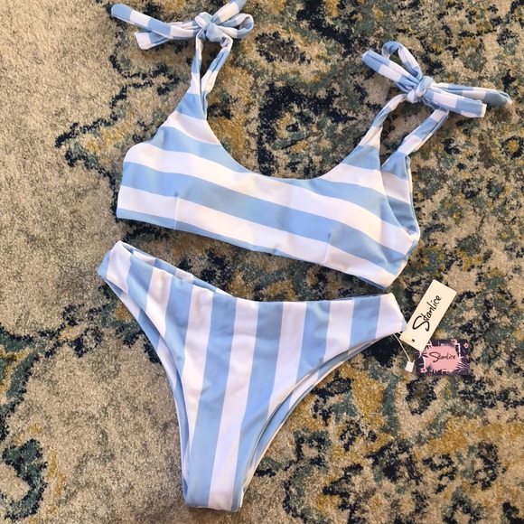 baby blue and white striped swimsuit
